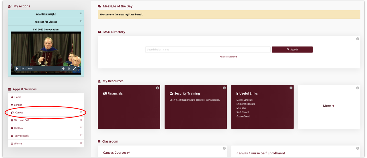 Red circle around the cavnas link on the left side of the mystate homepage