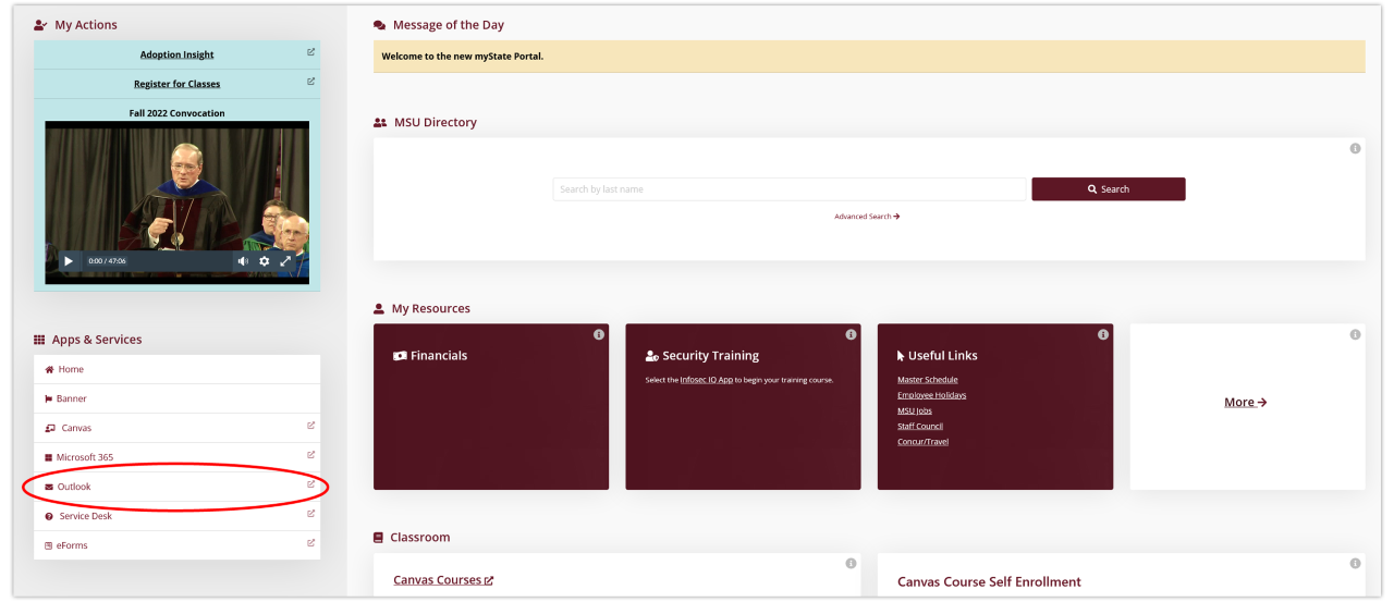 Red circle surrounding the Outlook link in the left column on the myState homepage