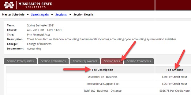 Screenshot of arrows pointing to the cost and fees associated with the class