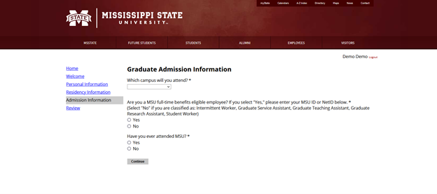 graduate application admission information page