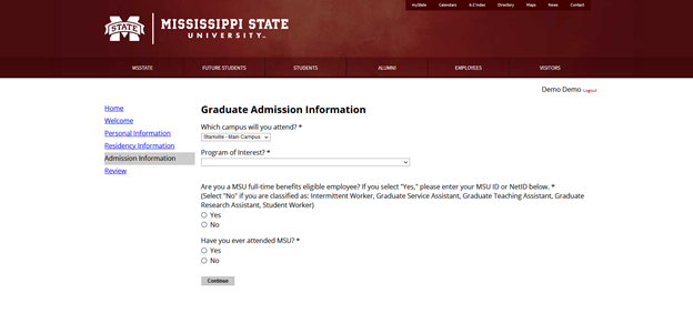 graduate application admission information page with choice of campus filtered to Starkville Main Campus