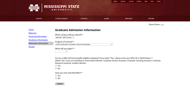 graduate application admission information page with option for intended semester term