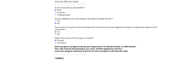 graduate application admission information page with concurrent degree questions