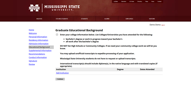 pop up to add prior institutions on educational background page