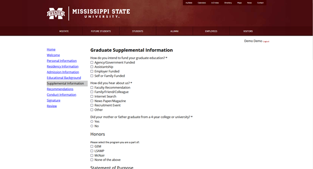 graduate application graduate supplemental information page