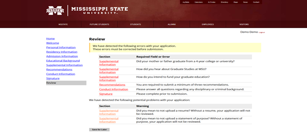 Graduate application Review page with errors that need to be corrected before submitting