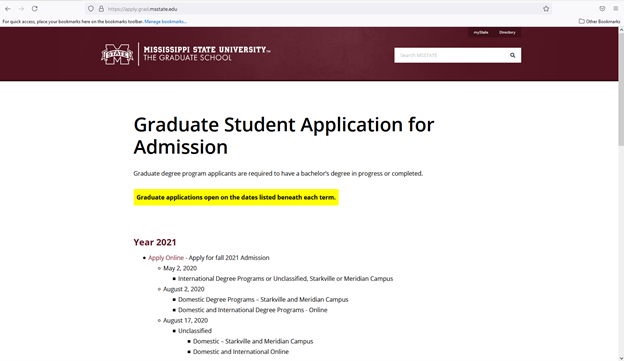 Graduate school application homepage with link to begin online application.