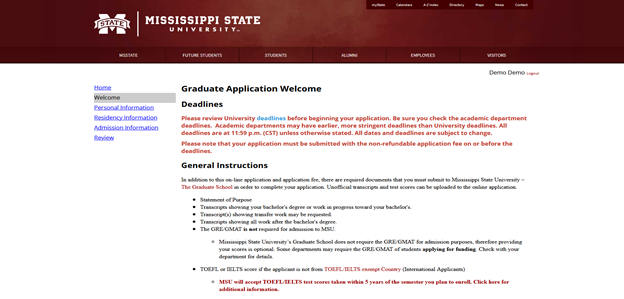 graduate application welcome page