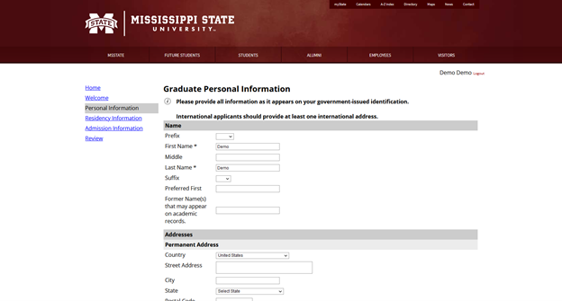 graduate application personal information page