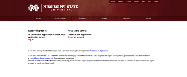 graduate school application screen displaying option to log in for existing users and create an account for new users